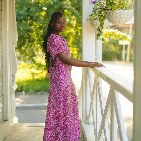 Pink Print Puff Sleeve Maxi Dress