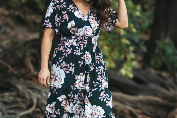 Black Floral Tiered Midi Dress