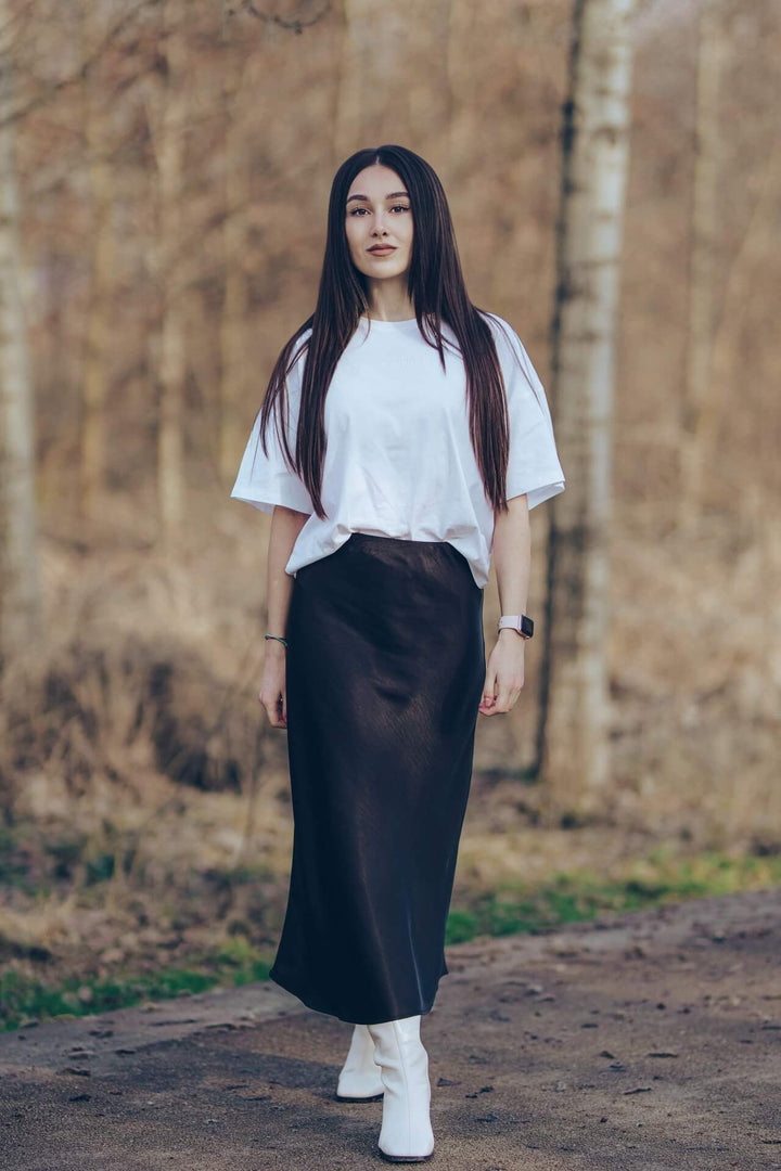 Black Satin Bias Midi Skirt