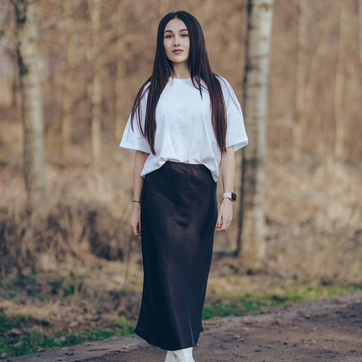 Black Satin Bias Midi Skirt
